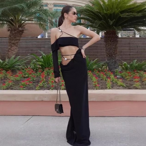 Sexy Women's Two Piece Skirt Set One Shoulder Ruffle Crop Top and High Waist Cutout Maxi Skirt With Pearl Decoration Slim Knit Clubwear Vacation Outfit