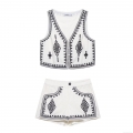 Women Bohemian Embroidery White Two Piece Set V Neck Sleeveless Vest And High Waist Shorts Ethnic Geometric Pattern Summer Beach Casual Outfit