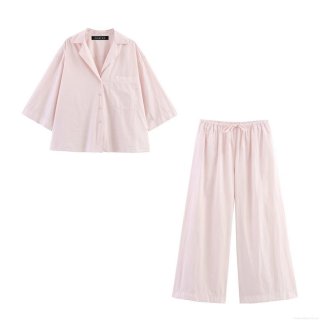 Women's 2 Piece Lounge Set Solid Color Button Up Shirt and Wide Leg Pants Casual Summer Outfits Polyester Blend Breathable Homewear Suit For Women