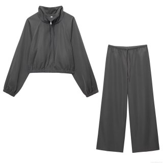 Women's Casual 2 Piece Outfits Sets Dark Grey Polyester Blend Stand Collar Zip Up Short Jacket and High Waist Wide Leg Drawstring Pants Sporty Streetwear Tracksuit for Women