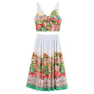 Women's Elegant Tropical Print Polyester Two-Piece Skirt Set Deep V Neck Tie Front Crop Top And High Waisted Pleated Midi Skirt Summer Beach Resort Outfit