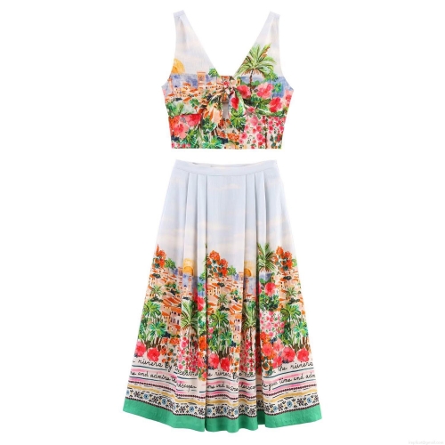 Women's Elegant Tropical Print Polyester Two-Piece Skirt Set Deep V Neck Tie Front Crop Top And High Waisted Pleated Midi Skirt Summer Beach Resort Outfit