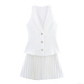 Women's Elegant White Two Piece Set Sleeveless V Neck Vest Top And Pleated Mini Skirt Suit Polyester Formal Party Lady Clothing