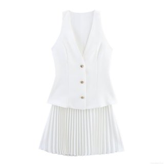 Women's Elegant White Two Piece Set Sleeveless V Neck Vest Top And Pleated Mini Skirt Suit Polyester Formal Party Lady Clothing