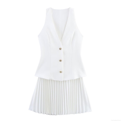 Women's Elegant White Two Piece Set Sleeveless V Neck Vest Top And Pleated Mini Skirt Suit Polyester Formal Party Lady Clothing