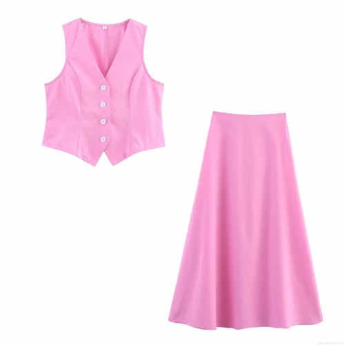 Women 2 Piece Skirt Set Cotton Polyester V-Neck Sleeveless Button Vest High Waisted A-Line Midi Skirt Chic Summer Casual Outfit Bright Pink