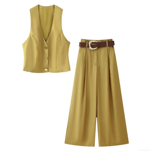 Women's 2-Piece Vest Pants Set Mustard Yellow Satin Texture V-Neck Waistcoat High Waist Wide Leg Trousers With Belt For Party Office Elegant Outfits