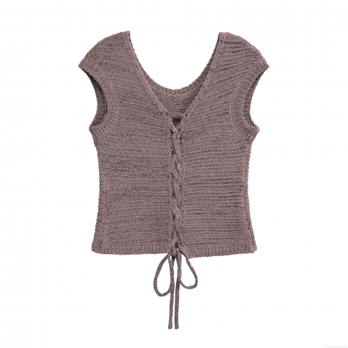 Women's Two Piece Knit Set Sleeveless V-Neck Crossover Back Lacing Crop Top and High Waisted Shorts Chunky Knit Mauve Casual Streetwear Summer Outfit