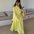 Women's Casual 2 Piece Outfits Long Sleeve Button Down Shirt And High Waist A-Line Maxi Skirt Set Solid Lemon Yellow Cotton Linen Feel Streetwear Vacation Sets
