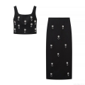 Women Sexy 2 Piece Skirt Set Rhinestone Flower Embroidery Square Neck Crop Top And High Waist Back Slit Midi Skirt Party Outfits Black