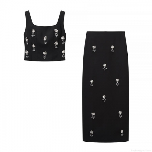 Women Sexy 2 Piece Skirt Set Rhinestone Flower Embroidery Square Neck Crop Top And High Waist Back Slit Midi Skirt Party Outfits Black