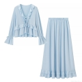 Women's Elegant Light Blue Two Piece Skirt Set Ruffle V Neck Long Sleeve Tie Blouse And High Waist Pleated Maxi Skirt Casual Vacation Outfits For Women