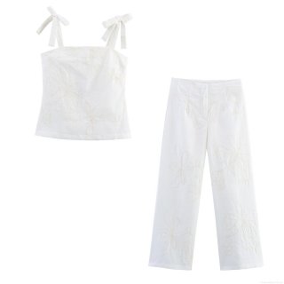 Women's Cotton Blend Two-Piece Set Floral Embroidery Camisole Top And Wide Leg Pants Casual Summer Vacation Streetwear Outfit White
