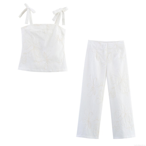 Women's Cotton Blend Two-Piece Set Floral Embroidery Camisole Top And Wide Leg Pants Casual Summer Vacation Streetwear Outfit White