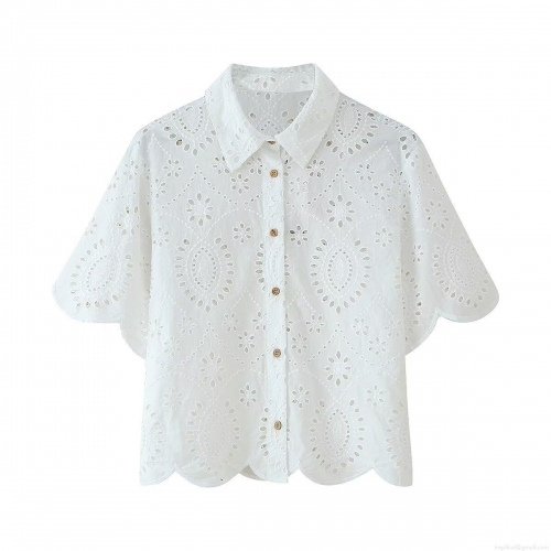 Women 2 Piece Skirt Set White Eyelet Embroidery Short Sleeve Button Up Shirt And Mini Skirt Sweet Broderie Anglaise Outfit With Wood Buttons