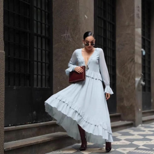 Women Elegant Light Blue Two Piece Skirt Set V Neck Ruffle Long Sleeve Tie Top And High Waist Loose Tiered Maxi Skirt Outfits