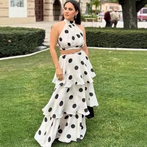 Women's 2 Piece Polka Dot Outfits Halter Neck Sleeveless Crop Top and High Waist Layered Tiered Ruffle Maxi Skirt Set Summer Beach Vacation Retro Style Suits
