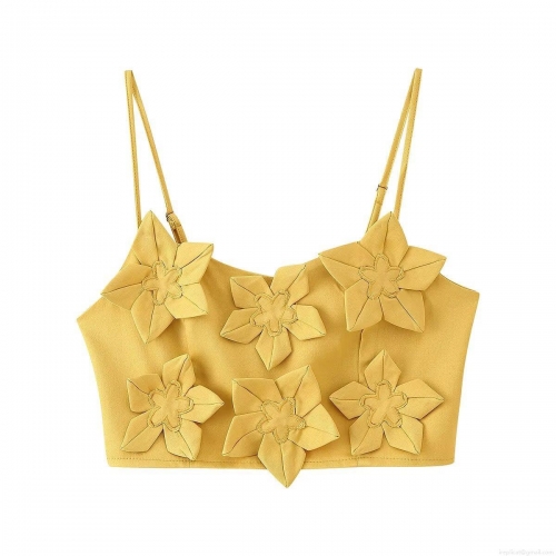 Women Yellow Two Piece Set 3D Flower Decoration Spaghetti Strap Crop Top And High Waist A-Line Mini Skirt Cotton Polyester Blend Sexy Summer Vacation Outfits