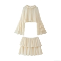 Women's Elegant Chiffon Ruffle Two Piece Set Long Sleeve Layered Shirt Top And Tiered Mini Skirt Outfits Casual Streetwear Suit For Women