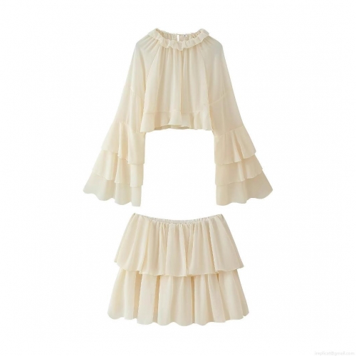 Women's Elegant Chiffon Ruffle Two Piece Set Long Sleeve Layered Shirt Top And Tiered Mini Skirt Outfits Casual Streetwear Suit For Women