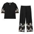 Women Elegant 2 Piece Set Black Floral Embroidery Bubble Short Sleeve Top And Wide Leg Pants Casual Streetwear Summer Outfit For Ladies