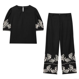 Women Elegant 2 Piece Set Black Floral Embroidery Bubble Short Sleeve Top And Wide Leg Pants Casual Streetwear Summer Outfit For Ladies