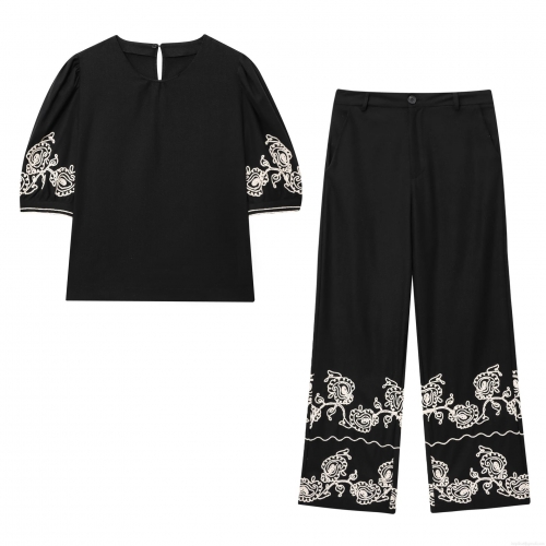 Women Elegant 2 Piece Set Black Floral Embroidery Bubble Short Sleeve Top And Wide Leg Pants Casual Streetwear Summer Outfit For Ladies
