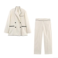 Women's Elegant Polyester Contrast Piping Two-Piece Suit Set Double Breasted Blazer and High Waist Straight Leg Pants Office Workwear Outfit