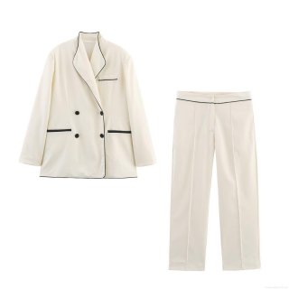 Women's Elegant Polyester Contrast Piping Two-Piece Suit Set Double Breasted Blazer and High Waist Straight Leg Pants Office Workwear Outfit
