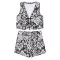 Bohemian Black And White Print Two Piece Set For Women Sleeveless V Neck Tie Front Vest And High Waist Shorts Ethnic Summer Beach Casual Outfits