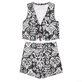 Bohemian Black And White Print Two Piece Set For Women Sleeveless V Neck Tie Front Vest And High Waist Shorts Ethnic Summer Beach Casual Outfits