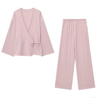 Women's 2 Piece Loungewear Set Kimono Wrap V Neck Long Sleeve Top and Wide Leg Pants Crepe Texture Casual Home Wear Pajama Suit Pink