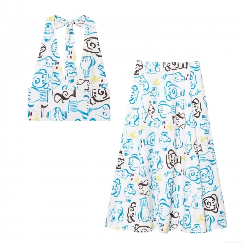 Elegant Women Halter Crop Top Or High Waist Midi Skirt Set Abstract Pottery Print Backless Tie-Up Summer Vacation Polyester Cotton Blend Street Style Outfits