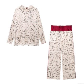 Women's Sweet Strawberry Print Loungewear Set Ruffle Round Neck Long Sleeve Top And Wide Leg Pants Casual Home Wear Two Piece Suit