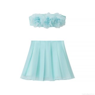 Women's 2-Piece Skirt Set With 3D Flowers Tube Top And High Waist Pleated Mini Skirt Satin Polyester Sexy Streetwear For Women Summer Party Outfits Lake Blue