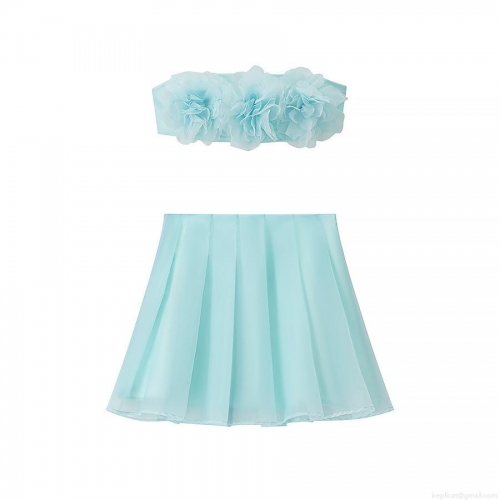 Women's 2-Piece Skirt Set With 3D Flowers Tube Top And High Waist Pleated Mini Skirt Satin Polyester Sexy Streetwear For Women Summer Party Outfits Lake Blue