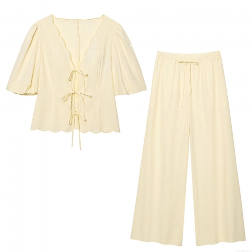 Women's French Retro Two Piece Set Light Yellow Scalloped Trim Puff Sleeve V Neck Lace Up Shirt And Wide Leg Drawstring Pants Summer Casual Vacation Outfit