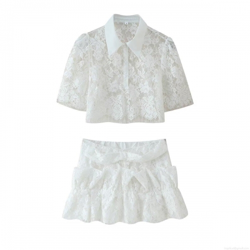 Women Elegant White Lace Two-Piece Set Short Sleeve Button Up Lapel Crop Shirt And Layered Ruffle Mini Skirt Suit For Party Summer Casual Street Style