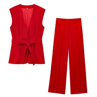 Women's Elegant Red Two-Piece Pant Set Sleeveless V-Neck Vest Top With Belt And High Waisted Flare Pants Office Commute Suit Polyester Twill Fabric
