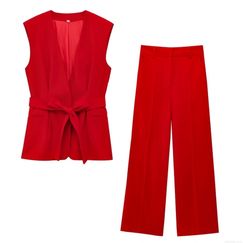 Women's Elegant Red Two-Piece Pant Set Sleeveless V-Neck Vest Top With Belt And High Waisted Flare Pants Office Commute Suit Polyester Twill Fabric