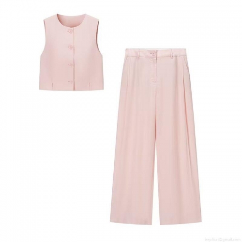 Women's Elegant Sleeveless Vest and High Waist Wide Leg Pants Two Piece Set Solid Pink Streetwear Casual Pleated Trousers Suit For Commuting Office