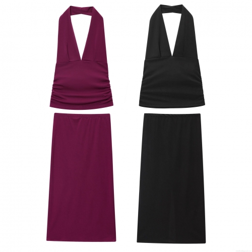 Women Halter Neck Ruched Crop Top And Elastic Split Midi Skirt Two Piece Set Solid Color Sleeveless Deep V Neck Slim Fit Co-ords Streetwear Fashion Outfit