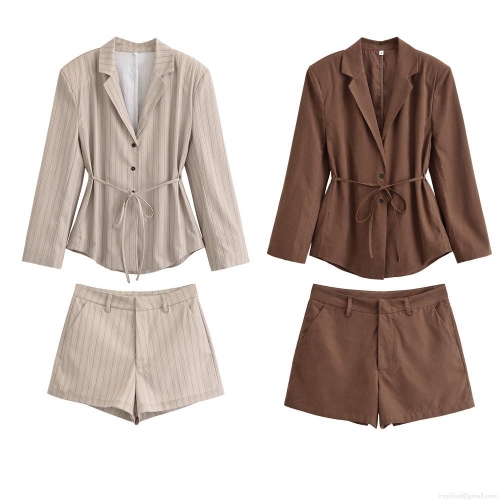 Women's Chic Blazer Jacket And Mini Shorts Polyester Striped Solid Color Tie Waist Lapel Two Piece Set For Office Casual Streetwear
