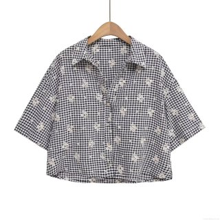 Women's Gingham Embroidery Shirt and Pants Set Polyester Floral Embroidered Short Sleeve Button Down Top with Elastic Waist Straight Leg Trousers Casual Streetwear Outfits