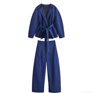Women's 2 Piece Outfits Kimono Style Tie Waist Jacket And High Waist Wide Leg Pants Set Solid Color Polyester Casual Streetwear Suit