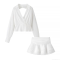 Women's Sexy Two Piece Skirt Set Pleated Backless V-Neck Long Sleeve Crop Top And Layered Ruffle Mini Skirt White Summer Streetwear Club Outfits