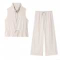 Women's Two Piece Set Solid Color Sleeveless Stand Collar Zipper Vest Top and Drawstring Wide Leg Pants Casual Outfits Polyester Streetwear Clothing
