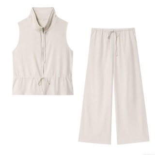Women's Two Piece Set Solid Color Sleeveless Stand Collar Zipper Vest Top and Drawstring Wide Leg Pants Casual Outfits Polyester Streetwear Clothing