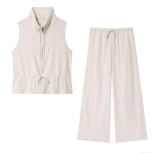 Women's Two Piece Set Solid Color Sleeveless Stand Collar Zipper Vest Top and Drawstring Wide Leg Pants Casual Outfits Polyester Streetwear Clothing