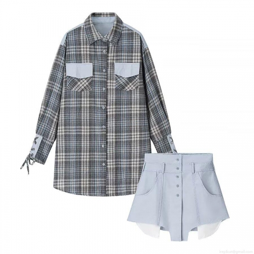Women's 2 Piece Set Plaid Long Sleeve Button Down Shirt With Tie Cuffs And High Waist Multi Button Shorts Casual Streetwear Outfits Outwear For Women